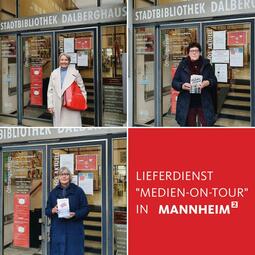 Vergrößerte Ansicht von Eine Collage aus drei quadratischen Bildern, auf denen jeweils eine Dame mit einem Buch in der Hand steht und in die Kamera lächelt. Das vierte Quadrat ist rot und enthält den Text &quot;Medien-on-Tour&quot;.